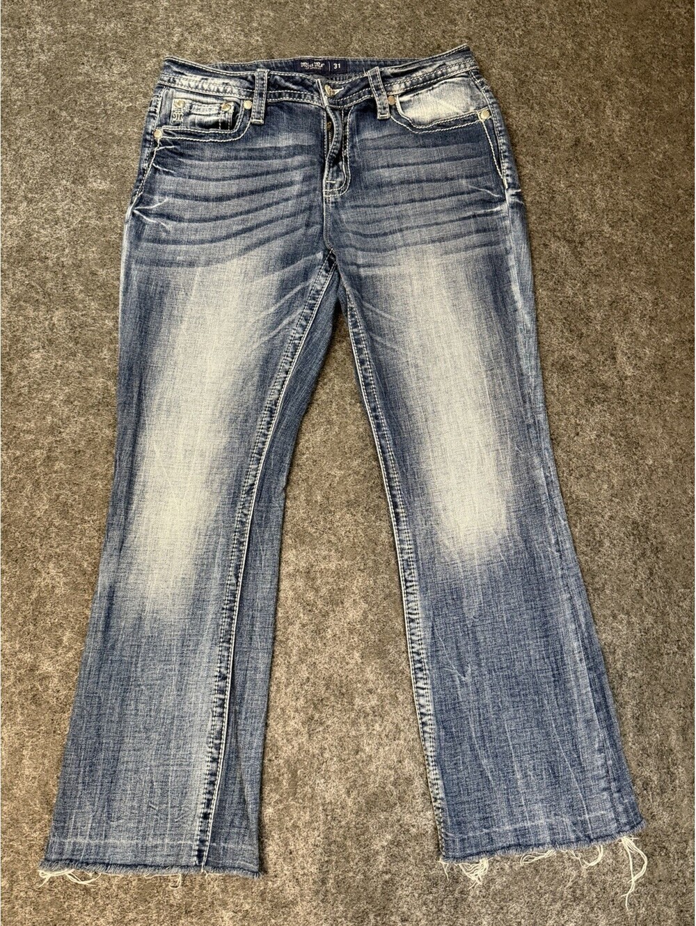 Miss Me Jeans Womens 31 Mid Rise Bootcut Blue Distressed Raw Hem Stretch Y2K